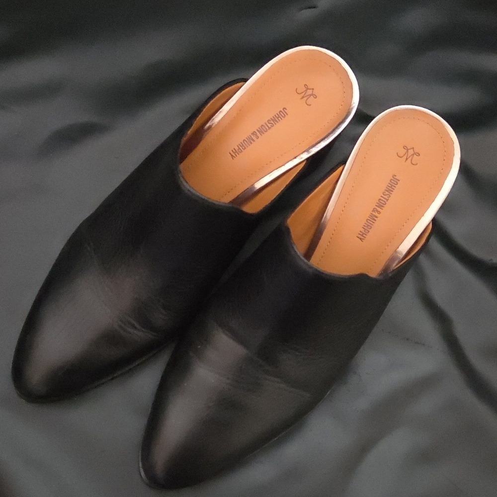 Johnston & Murphy Black 100% Leather Mules Slip On Block Heel 2.5 Shoe SZ 7.5 US - Picture 2 of 11